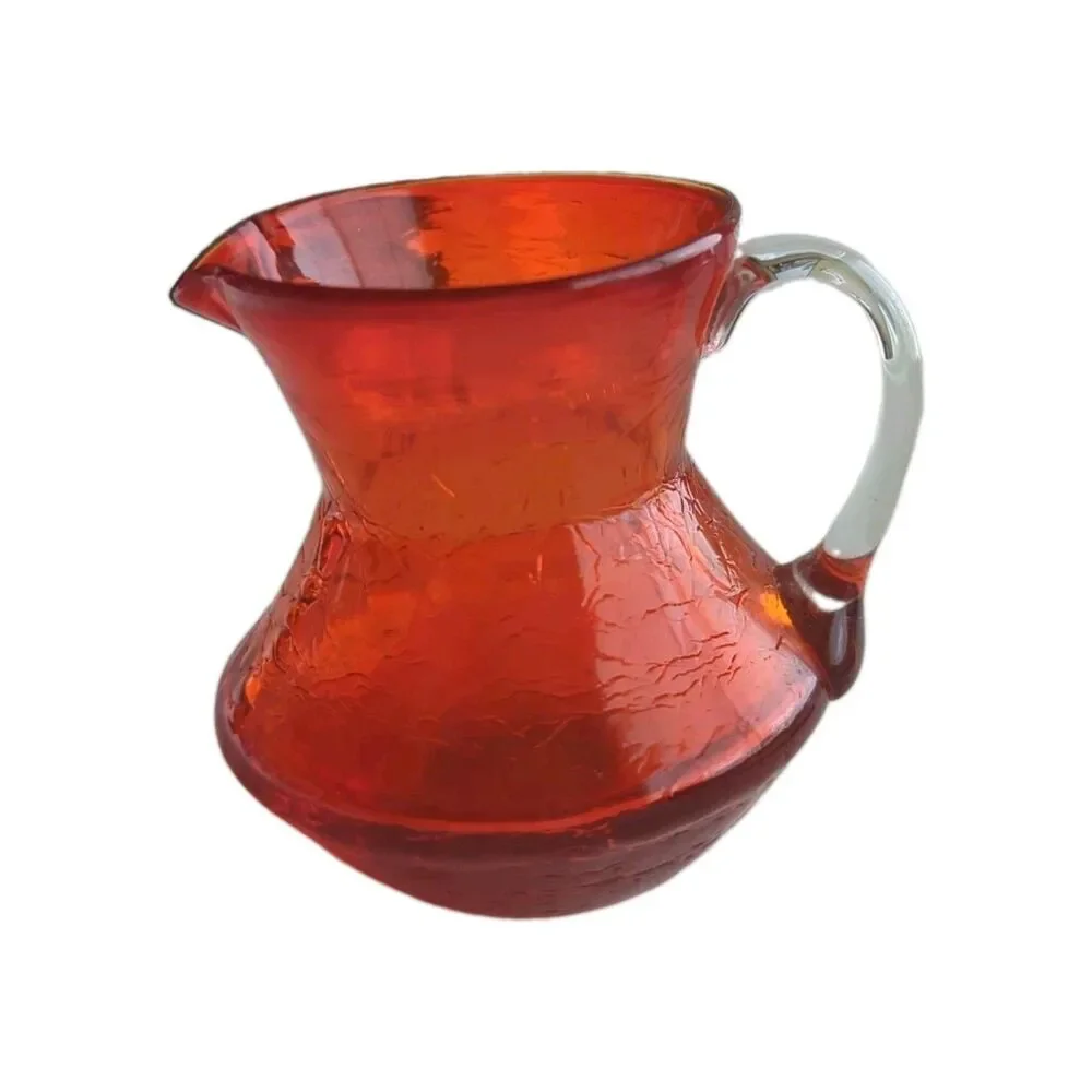 Vintage Red Hand Blown Crackle Glass Small Pitcher Creamer 3.5” Tall x 3.25